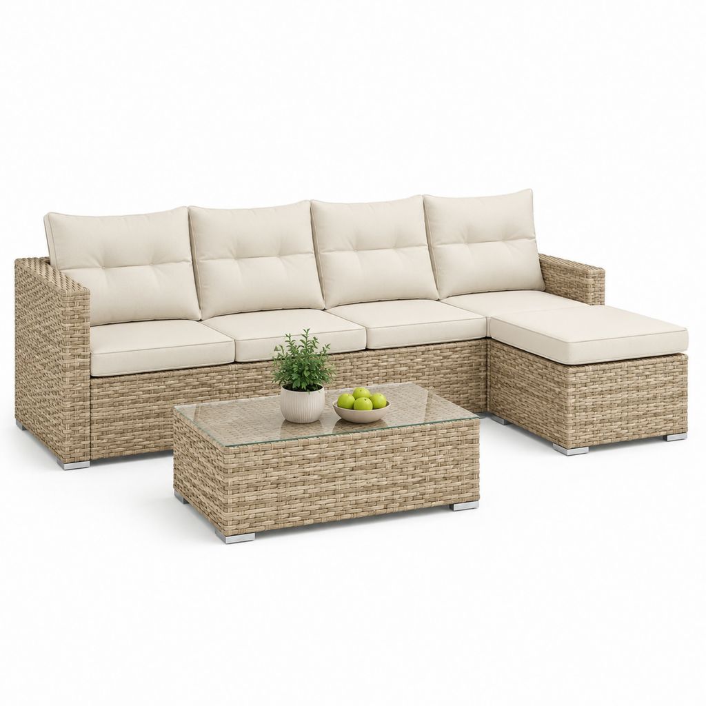 Salotto da giardino angolare 4 posti beige in rattan PE con tavolino in vetro 250 x 140 cm