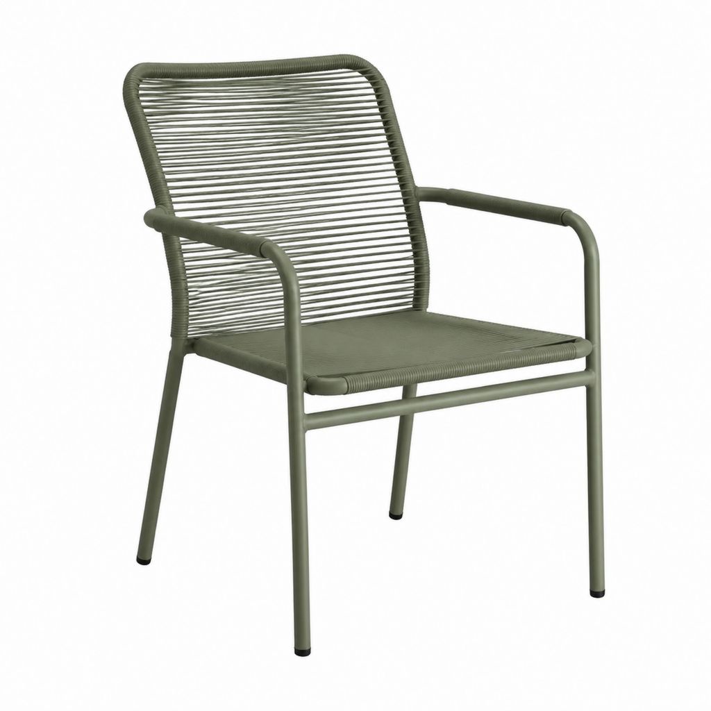 Sedia da giardino con braccioli verde oliva in acciaio e corda PVC 56 x 64 x 86 cm