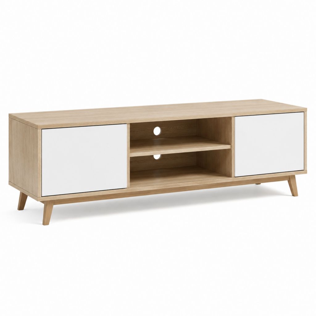 Mobile TV rettangolare bianco e rovere in pannello di particelle 160 x 40 x 55 cm