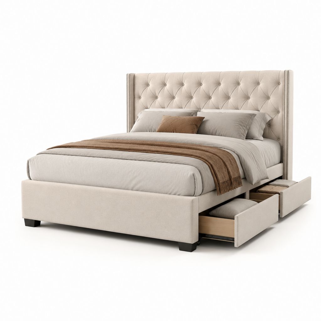 Letto contenitore matrimoniale beige in poliestere rettangolare per materasso 160 x 200 cm 175 x 215 x 125 cm