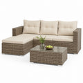Set divani da giardino 3 pezzi marrone in rattan PE con cuscini beige e tavolino 195 x 70 x 63 cm