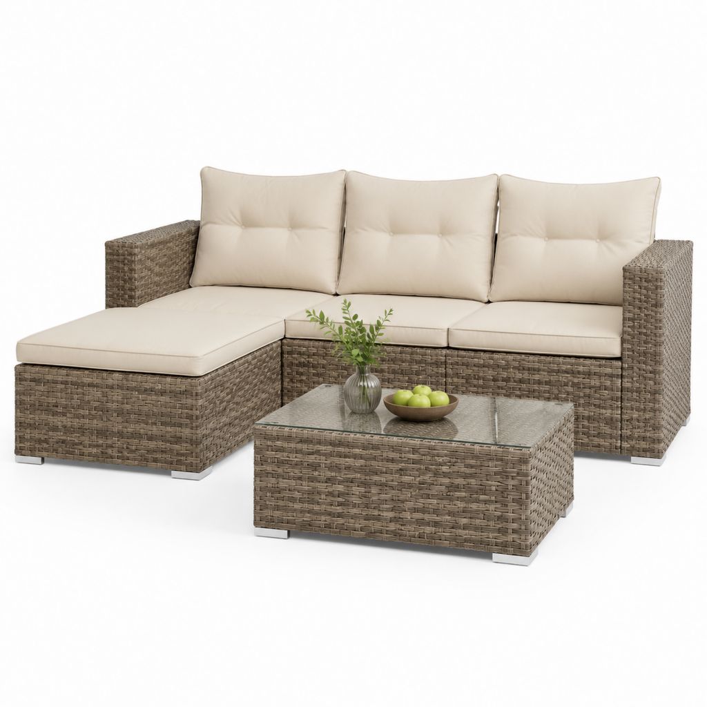 Set divani da giardino 3 pezzi marrone in rattan PE con cuscini beige e tavolino 195 x 70 x 63 cm