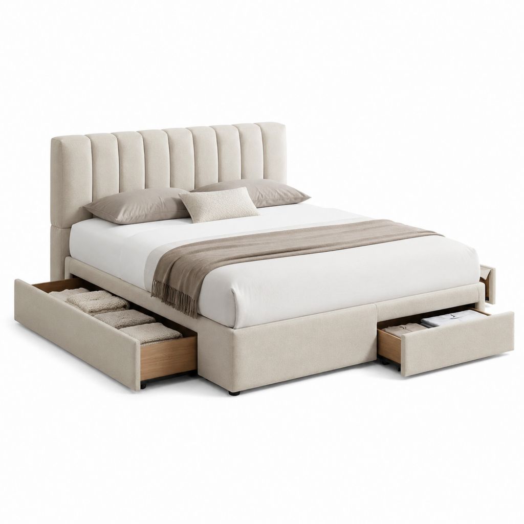 Letto contenitore matrimoniale beige in poliestere rettangolare 160 x 200 cm con 4 cassetti