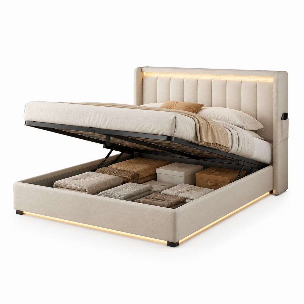 Letto contenitore matrimoniale beige in poliestere con LED 160 x 200 cm