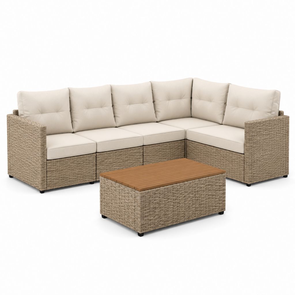 Divano angolare da giardino 5 posti beige in rattan PE e acciaio 250 x 190 x 65 cm con tavolino