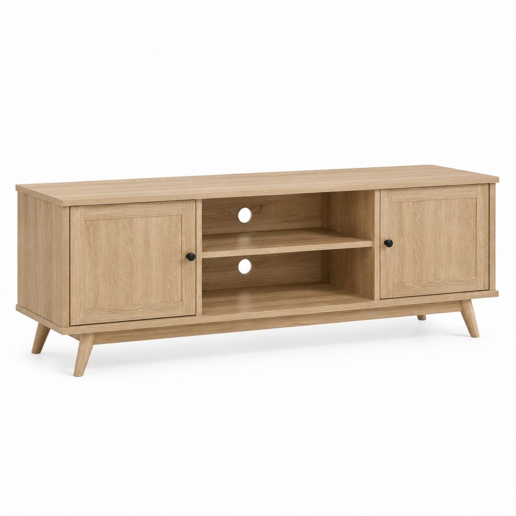 Mobile TV rettangolare rovere chiaro in pannello truciolare 140 x 40 x 55 cm con 2 ante e passacavi
