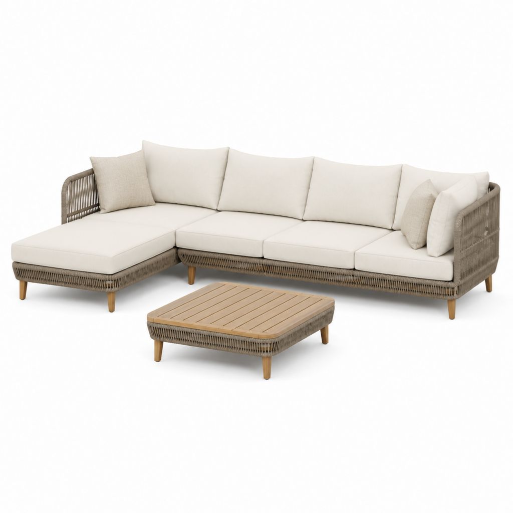 Set divano da giardino angolare beige in polietilene e alluminio con tavolino rettangolare 260 x 170 x 75 cm