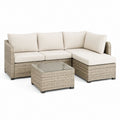 Set divano angolare da giardino 4 pezzi beige in rattan PE con cuscini e tavolino 210 x 140 x 65 cm