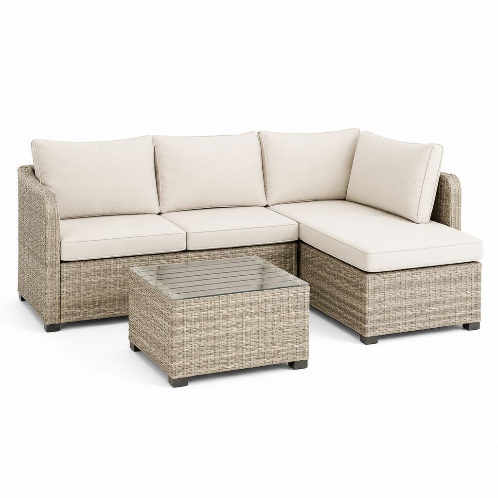 Set divano angolare da giardino 4 pezzi beige in rattan PE con cuscini e tavolino 210 x 140 x 65 cm