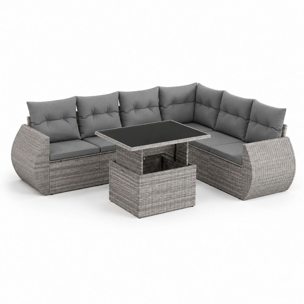 Set divano da giardino angolare 5 posti grigio in rattan PE con tavolo regolabile 220 x 220 x 85 cm