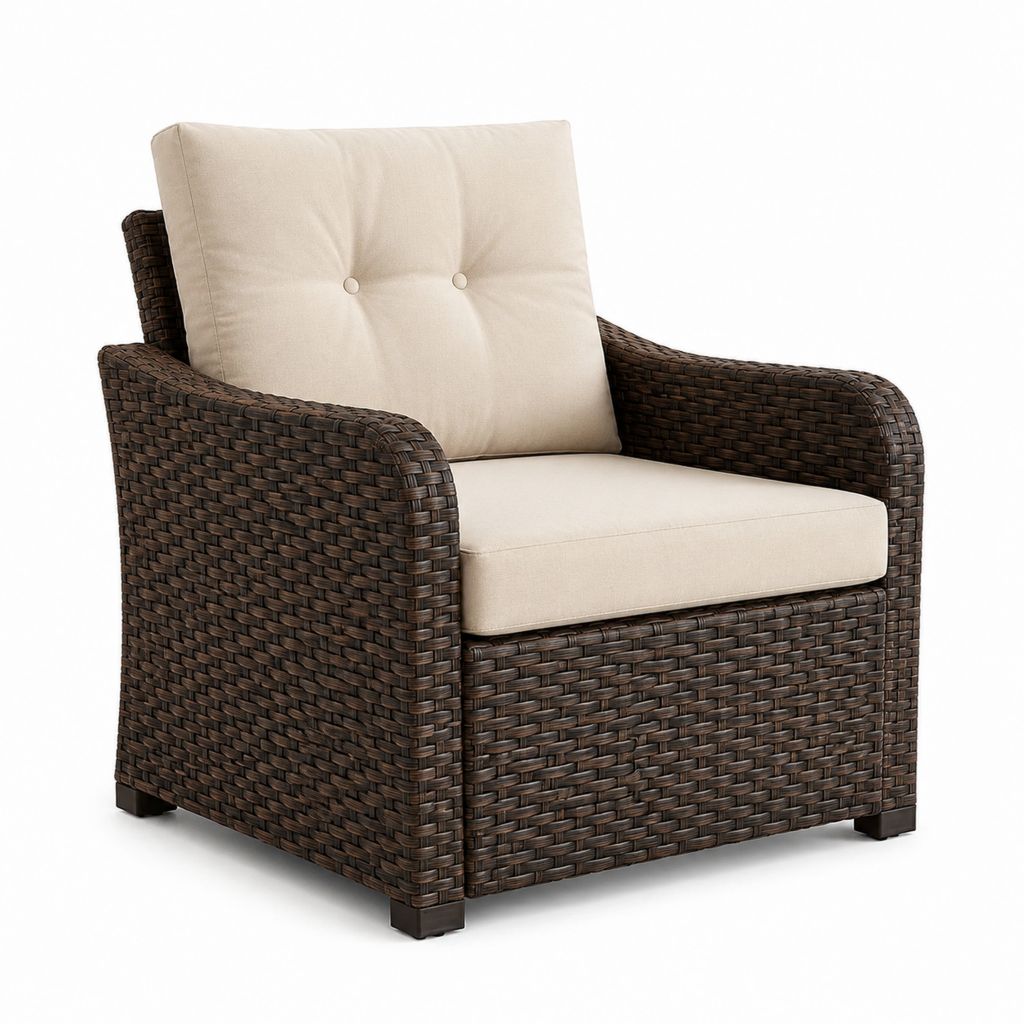 Poltrona da giardino in rattan PE marrone con cuscini beige 82 x 78 x 88 cm