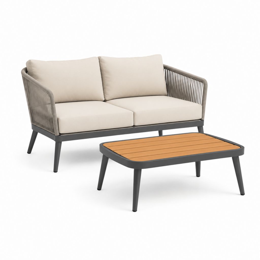 Set divano da giardino 2 posti con tavolino beige antracite e marrone in alluminio 133 x 74 x 78 cm