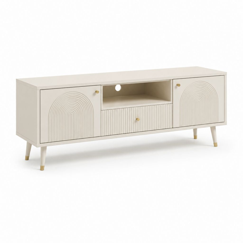Mobile TV Crema in MDF Laccato Rettangolare con 2 Ante 1 Cassetto 160 x 40 x 60 cm