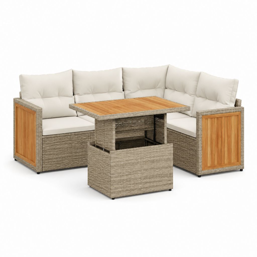 Set salotto da giardino angolare 4 pezzi beige in rattan PE e acacia con tavolo 110 x 60 x 66 cm
