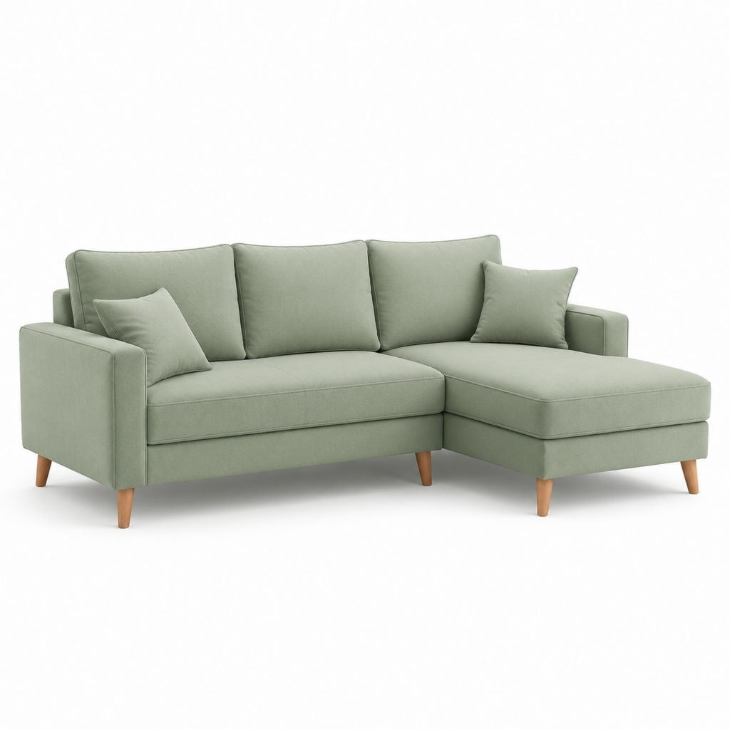 Divano angolare con chaise longue destra verde salvia in poliestere 240 x 150 x 85 cm