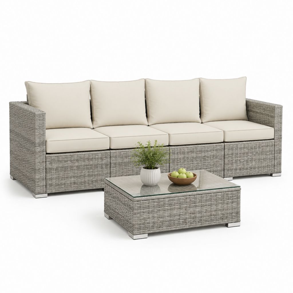 Set divano da giardino 4 posti con tavolino rettangolare grigio in rattan PE e vetro 270 x 75 x 70 cm