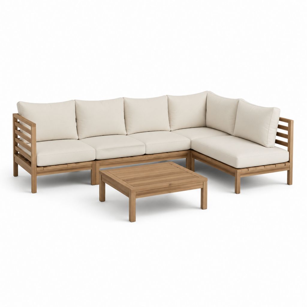 Set divano angolare da giardino 5 posti con tavolino beige e legno massello di acacia 280 x 210 x 75 cm