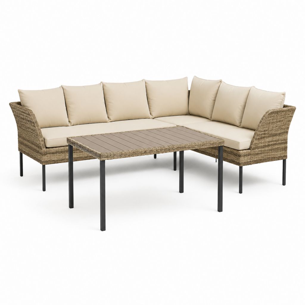 Set divano da giardino angolare 3 pezzi beige in polyrattan PE con tavolino rettangolare 210 x 210 cm