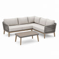 Set divano angolare da giardino con tavolino grigio ecrù in legno massello e corda PP a L 220 x 220 cm