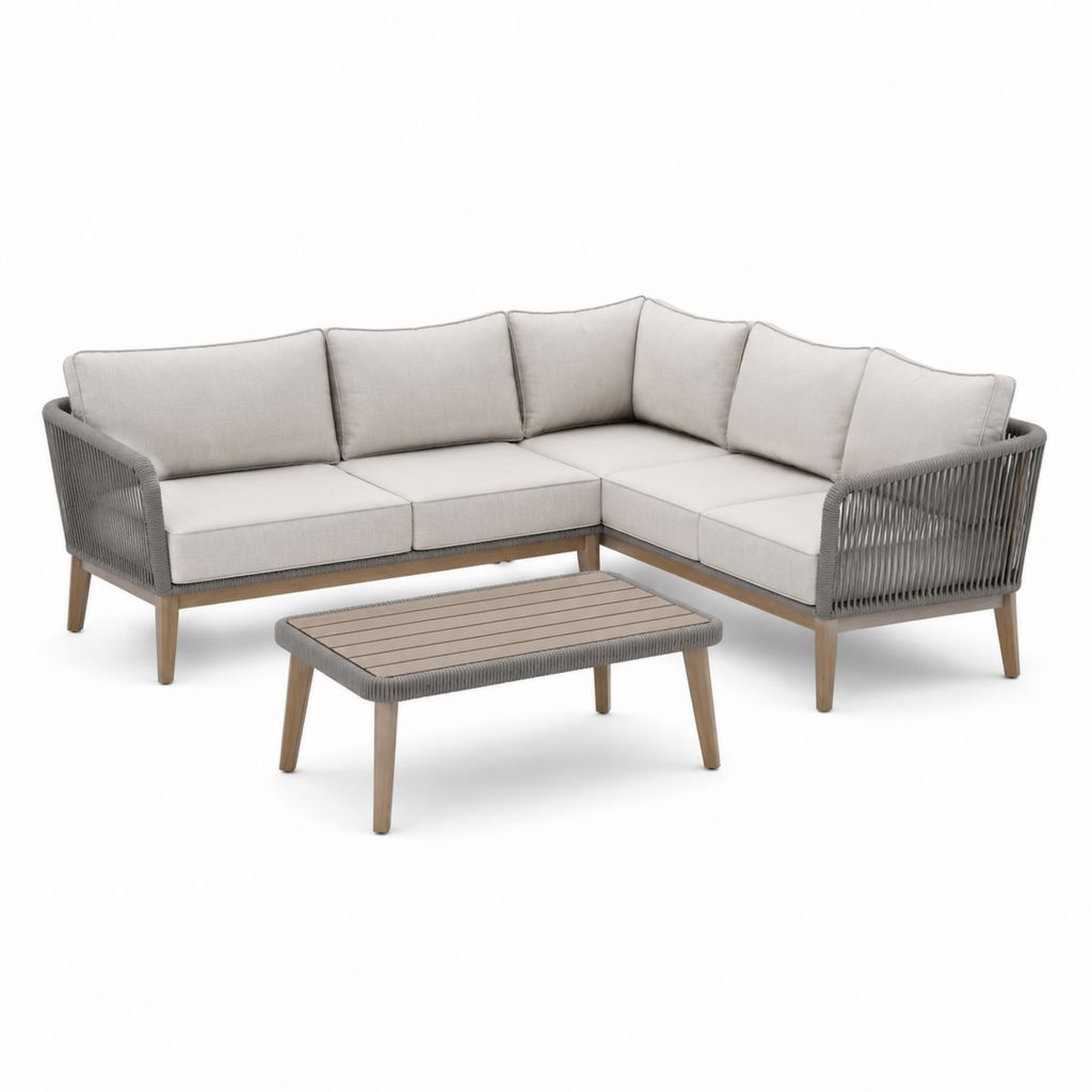 Set divano angolare da giardino con tavolino grigio ecrù in legno massello e corda PP a L 220 x 220 cm