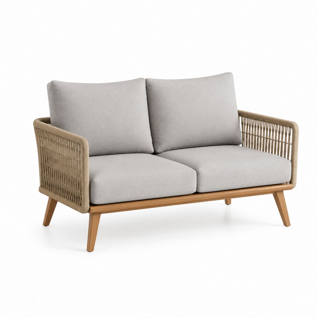 Divano da giardino 2 posti grigio e naturale in legno massello di acacia e corda 130 x 75 x 80 cm